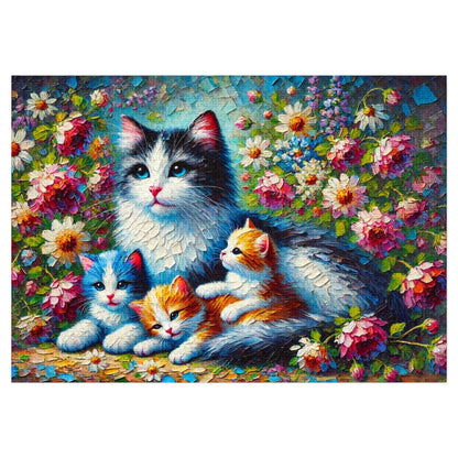 A Mother Cat and Her Kittens Snuggling in a Blooming Garden