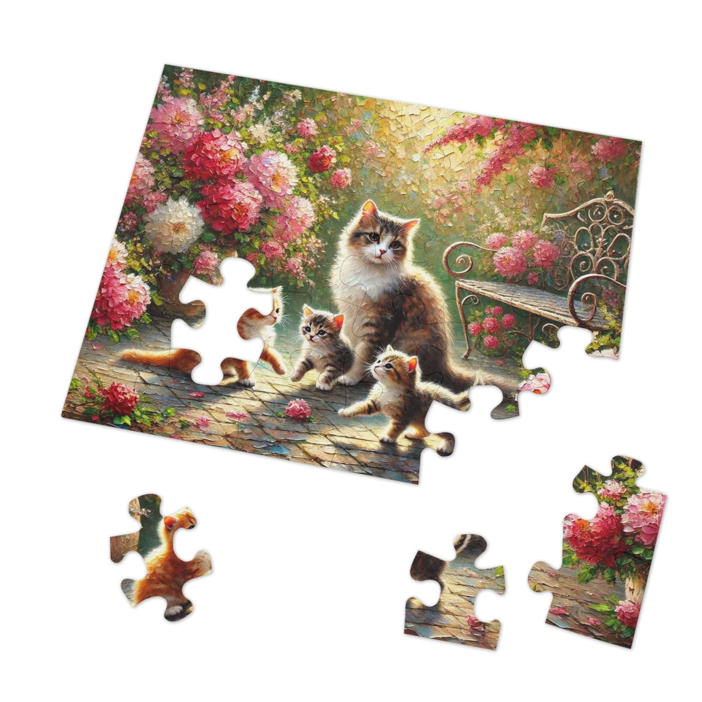 Mother cat & kittens in peony garden