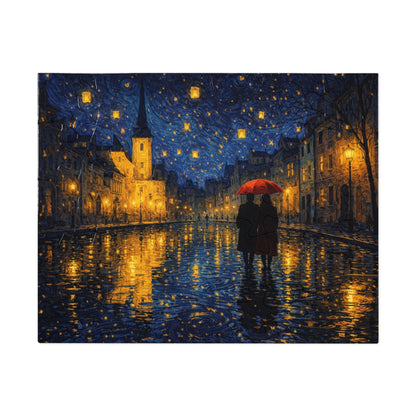 Two Beneath a Red Umbrella — Moonlit Old Town