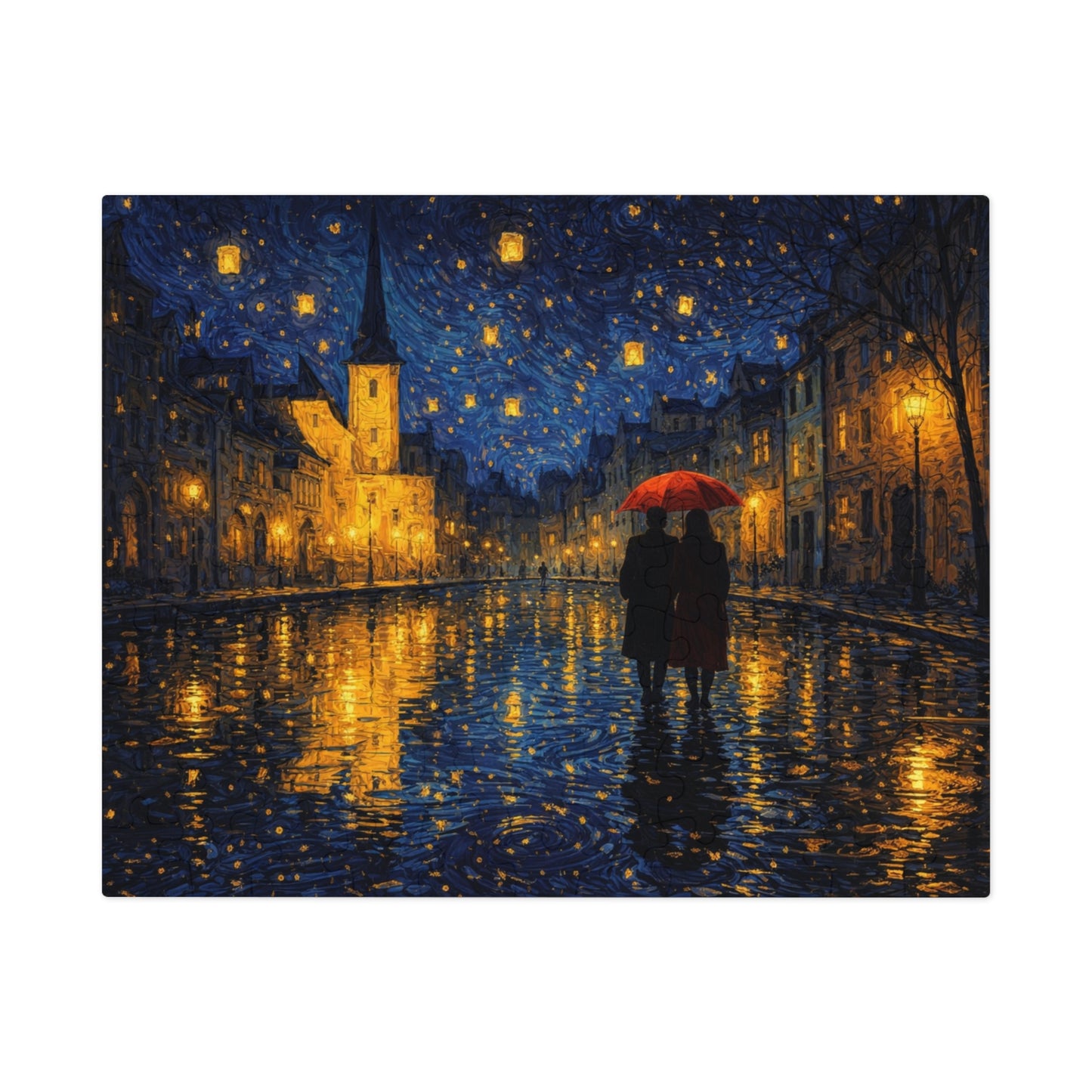 Two Beneath a Red Umbrella — Moonlit Old Town