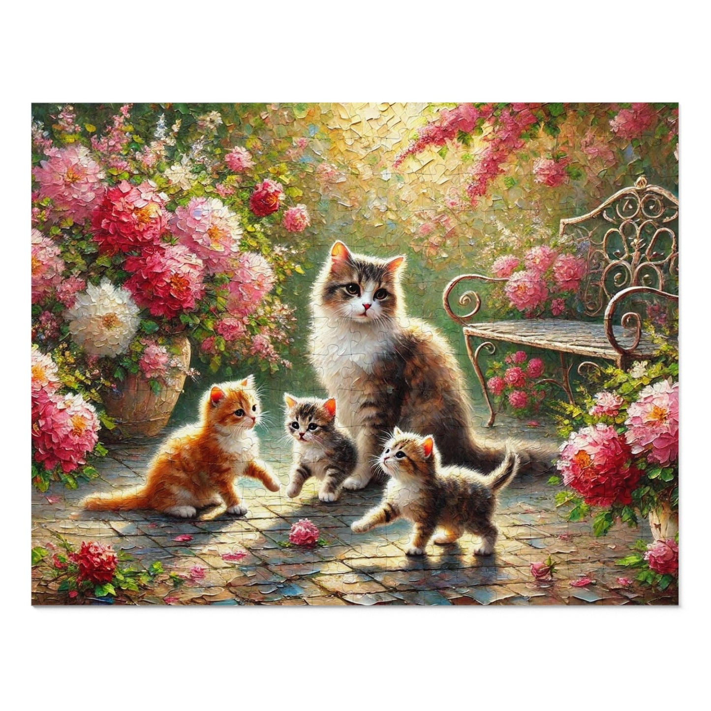 Mother cat & kittens in peony garden