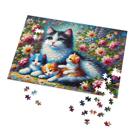 A Mother Cat and Her Kittens Snuggling in a Blooming Garden