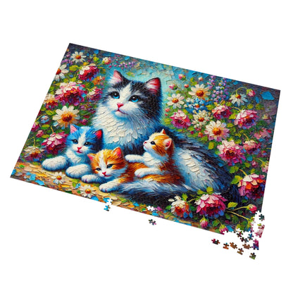 A Mother Cat and Her Kittens Snuggling in a Blooming Garden