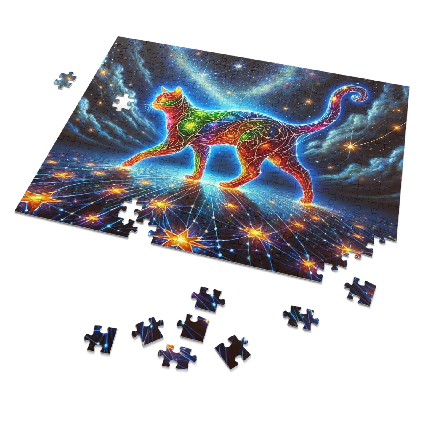 The Celestial Weaver: A Stained-Glass Cat Dancing Through the Stars