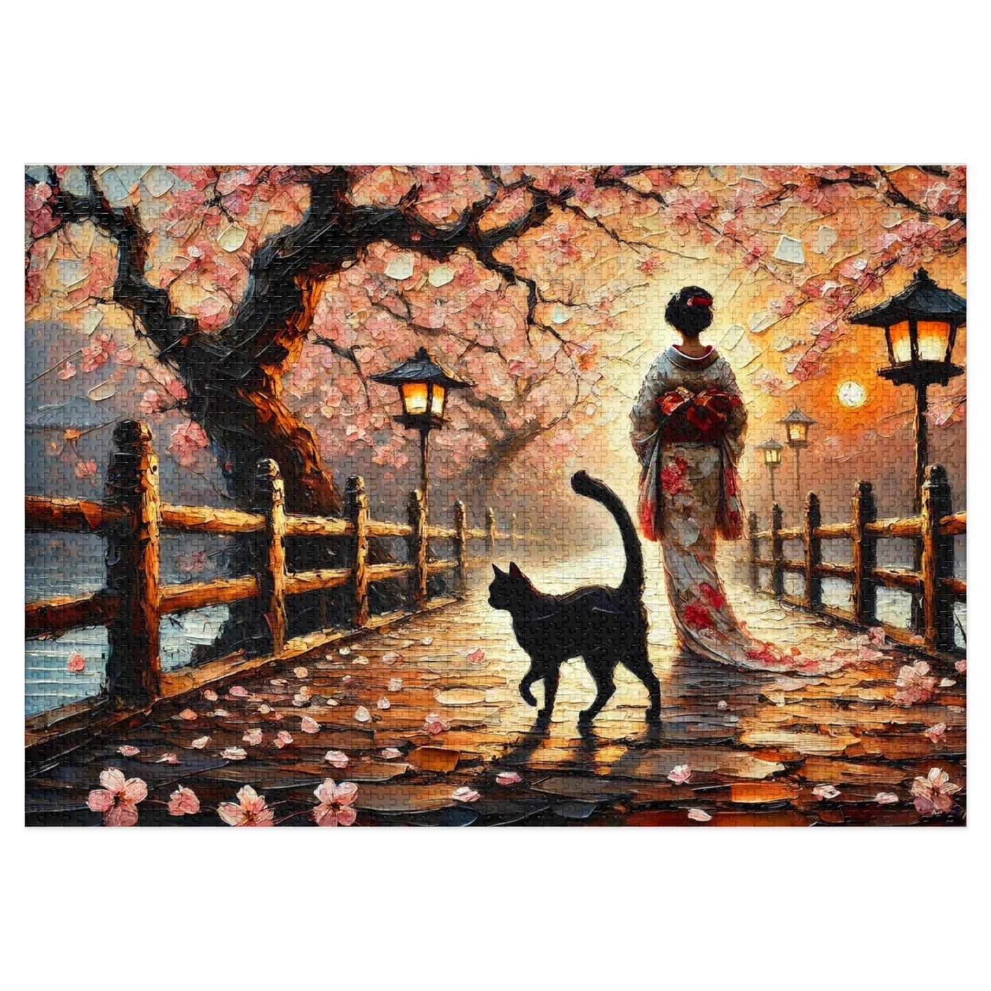 A Black Cat Strolls Along the Cherry Blossom Path