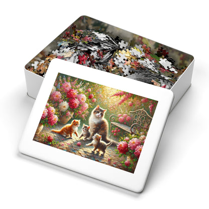 Mother cat & kittens in peony garden