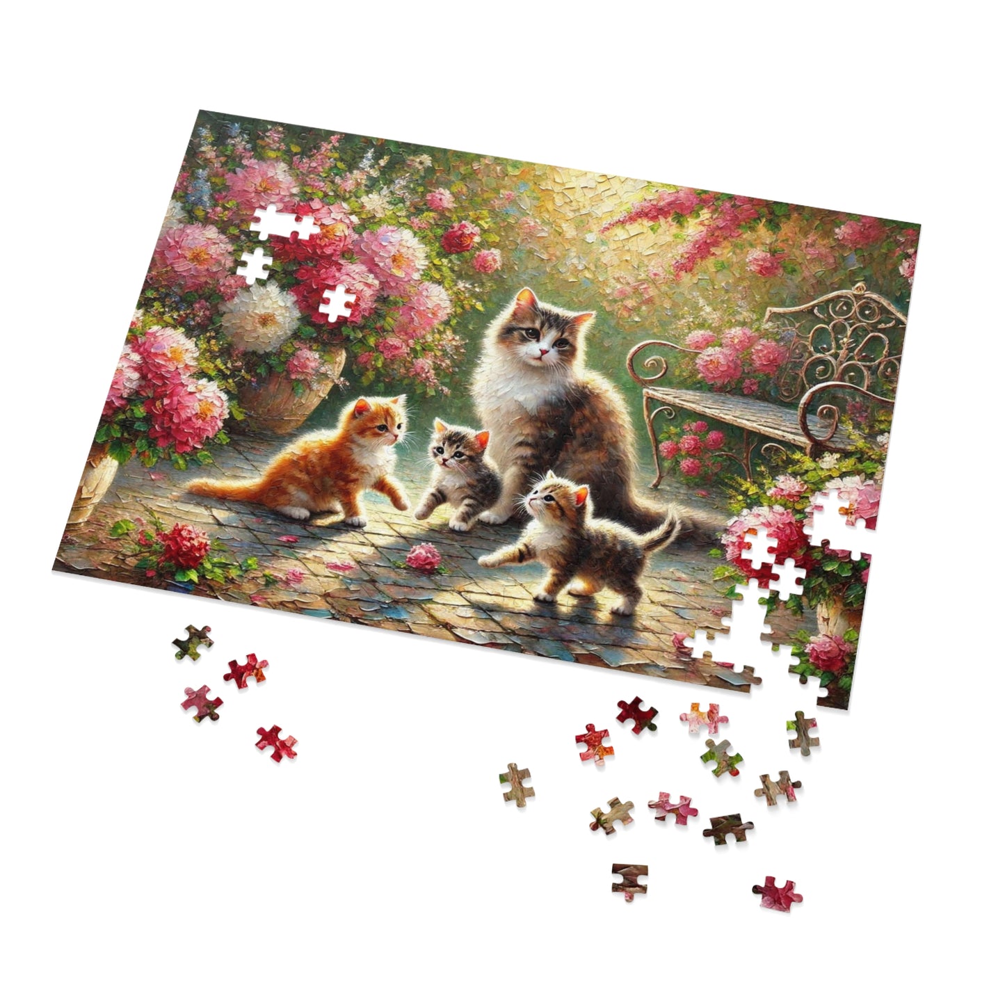 Mother cat & kittens in peony garden