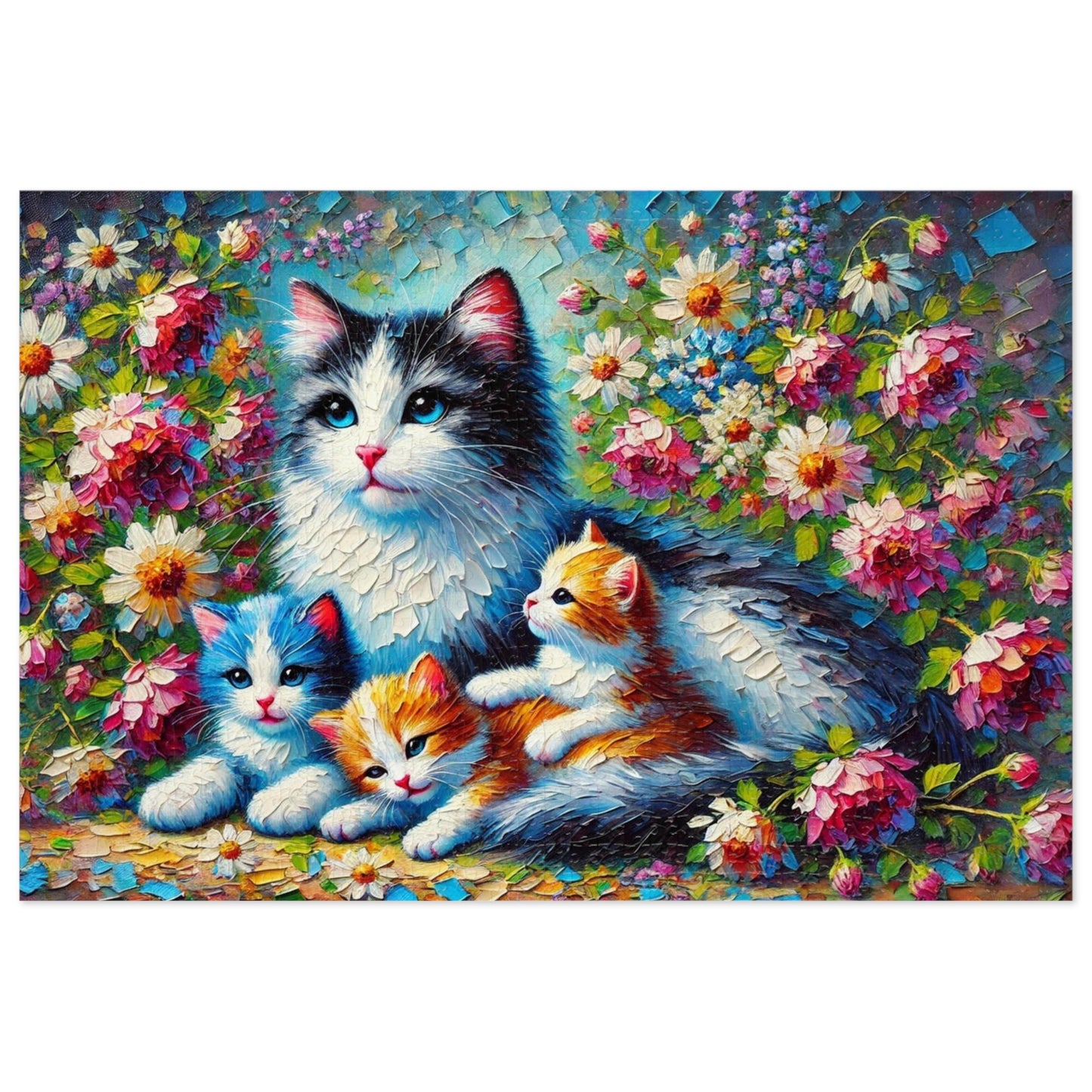 A Mother Cat and Her Kittens Snuggling in a Blooming Garden