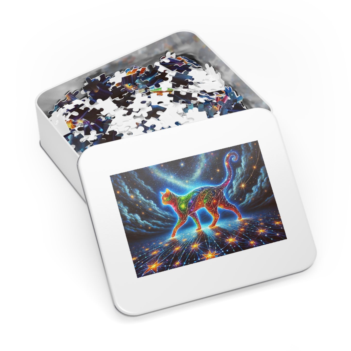 The Celestial Weaver: A Stained-Glass Cat Dancing Through the Stars