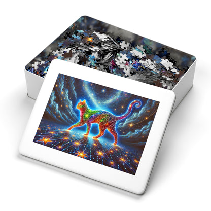The Celestial Weaver: A Stained-Glass Cat Dancing Through the Stars