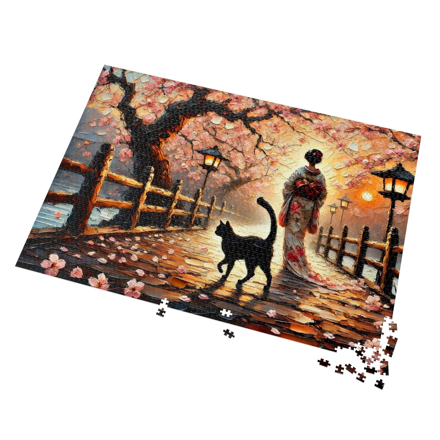 A Black Cat Strolls Along the Cherry Blossom Path