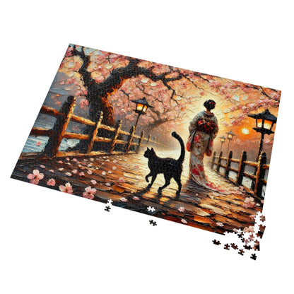 A Black Cat Strolls Along the Cherry Blossom Path