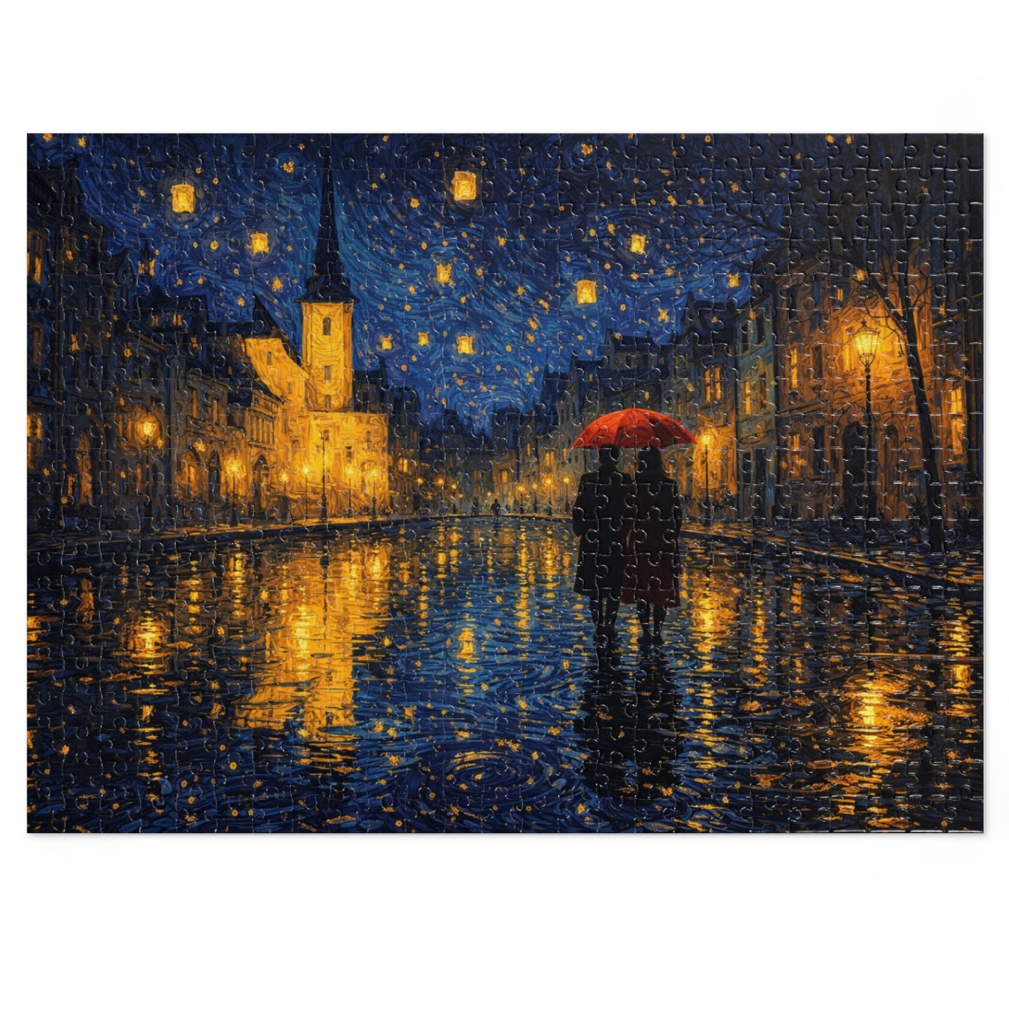 Two Beneath a Red Umbrella — Moonlit Old Town
