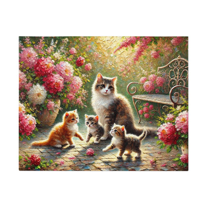 Mother cat & kittens in peony garden