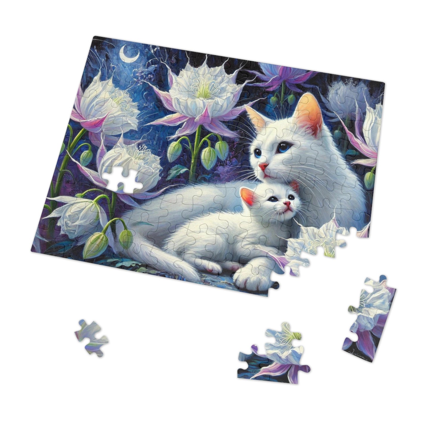 Moonlit Bond: A Family of White Cats Among Night Blooms