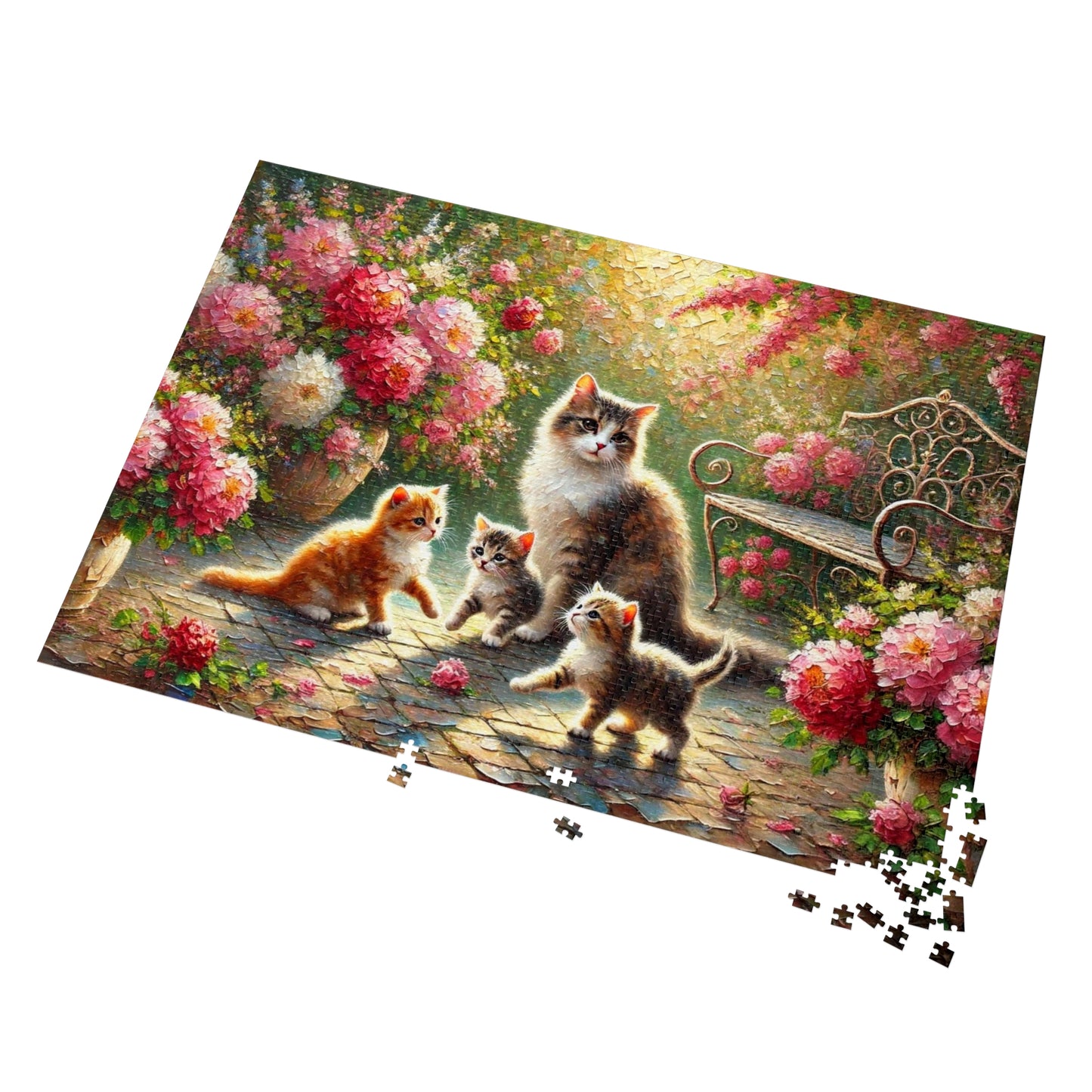 Mother cat & kittens in peony garden