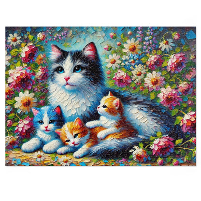A Mother Cat and Her Kittens Snuggling in a Blooming Garden