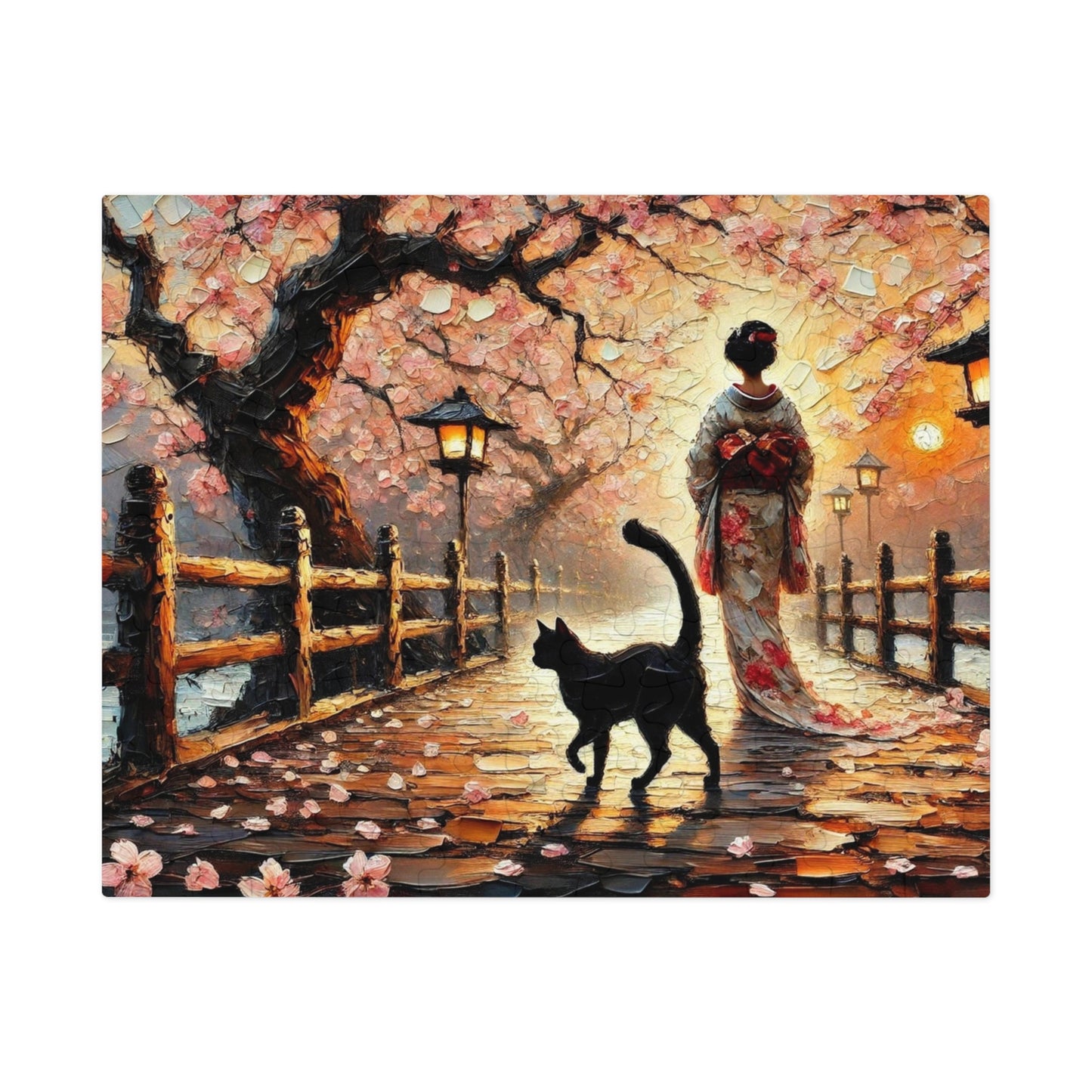 A Black Cat Strolls Along the Cherry Blossom Path