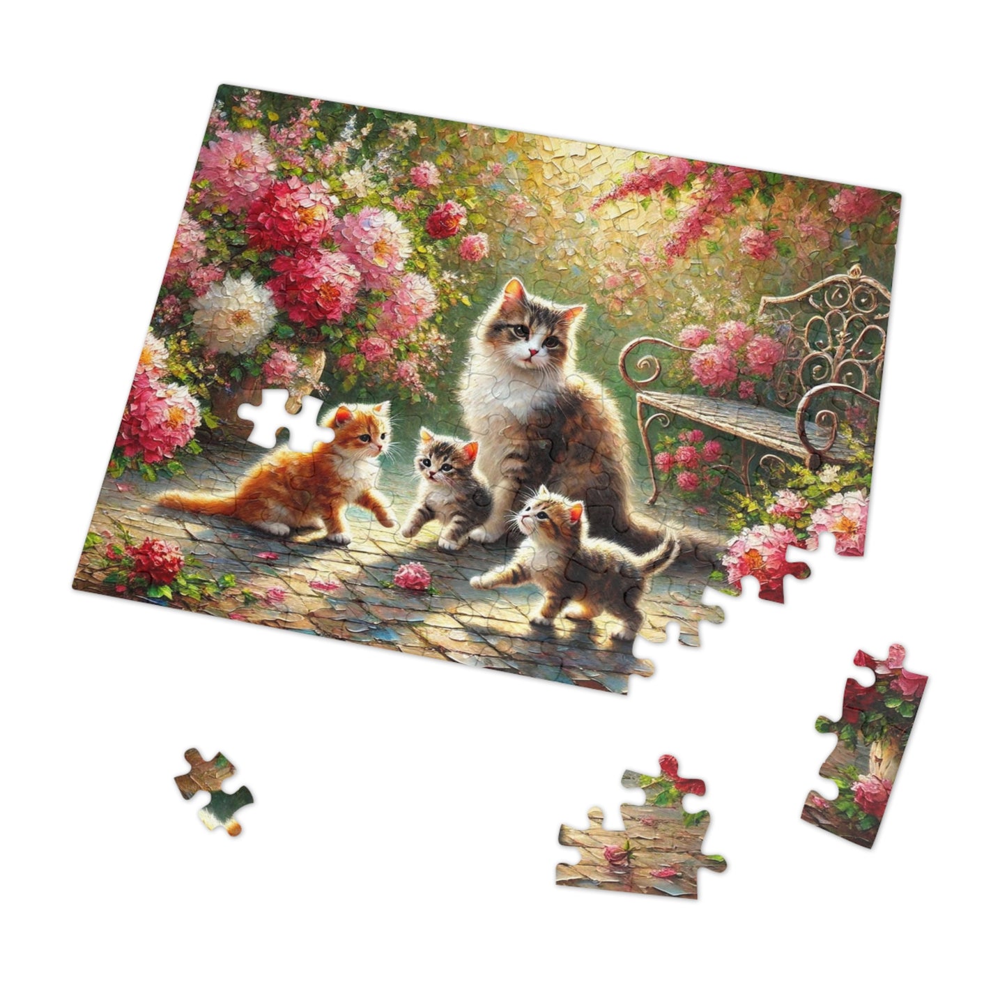 Mother cat & kittens in peony garden