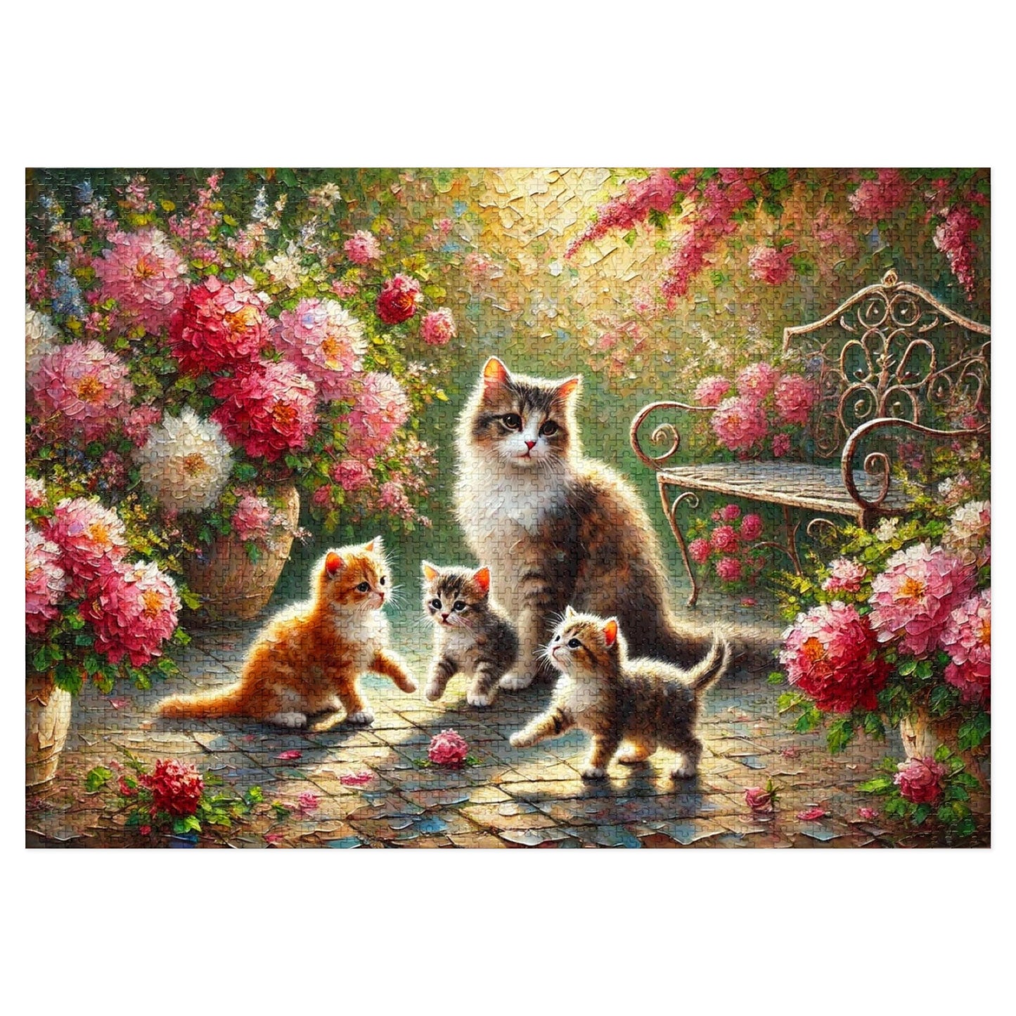 Mother cat & kittens in peony garden