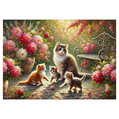 Mother cat & kittens in peony garden