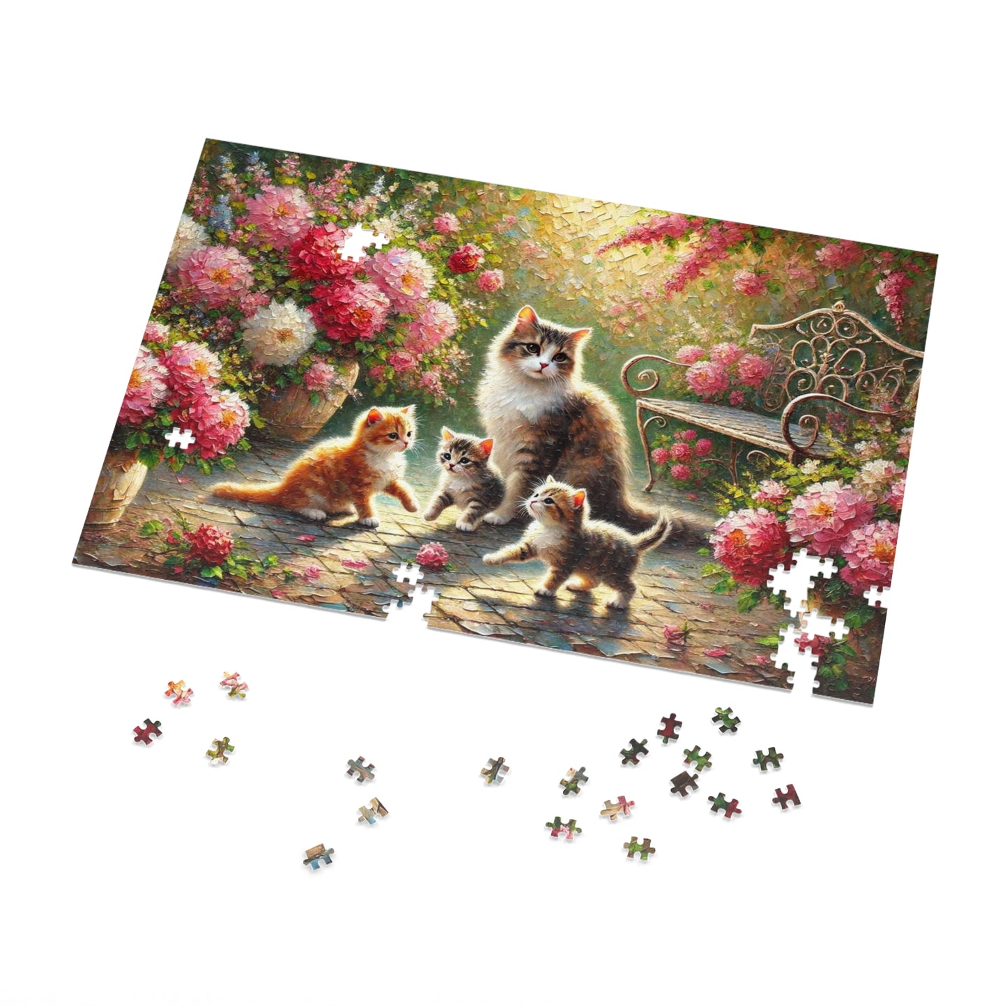 Mother cat & kittens in peony garden