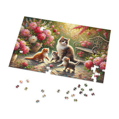 Mother cat & kittens in peony garden