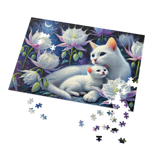 Moonlit Bond: A Family of White Cats Among Night Blooms
