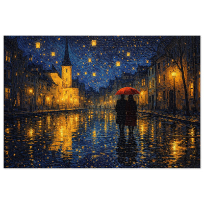 Two Beneath a Red Umbrella — Moonlit Old Town