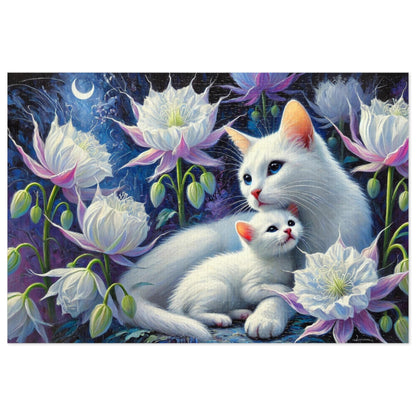 Moonlit Bond: A Family of White Cats Among Night Blooms