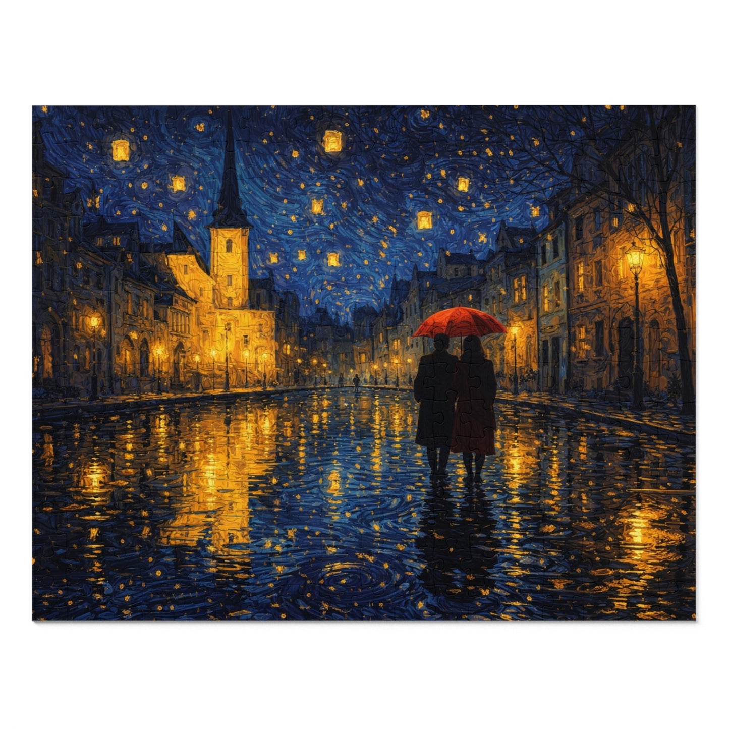 Two Beneath a Red Umbrella — Moonlit Old Town