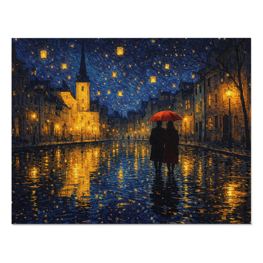 Two Beneath a Red Umbrella — Moonlit Old Town