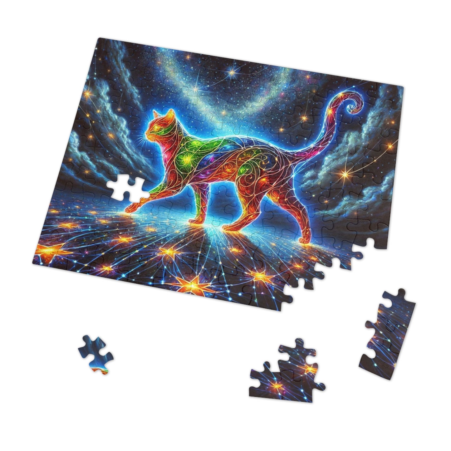The Celestial Weaver: A Stained-Glass Cat Dancing Through the Stars